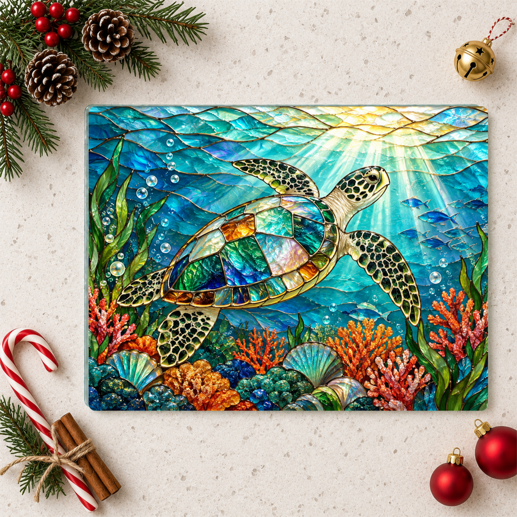 Sea Turtle Glass Cutting Board, Ocean Kitchen Decor, Marine Life Serving Board, Coastal Home Gift, Underwater Art Kitchen Accessory