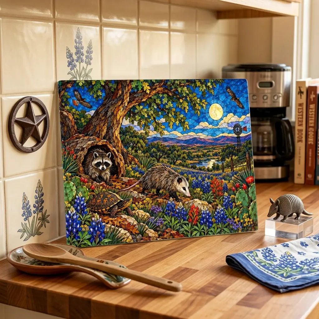 Raccoon and Possum Glass Cutting Board, Texas Wildlife Kitchen Decor, Opossum Raccoon Gift, Bluebonnet Country Cutting Board
