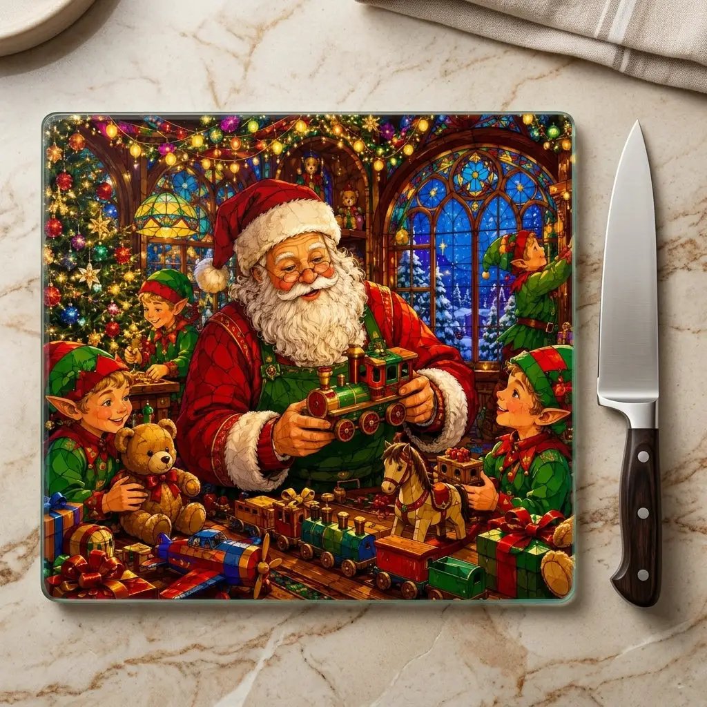 Santa Workshop Glass Cutting Board, Christmas Kitchen Decor, Santa and Elves Stained Glass Art, Holiday Serving Board, Christmas Gift