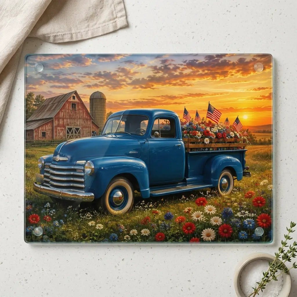 Vintage Blue Truck Glass Cutting Board, Patriotic Country Kitchen Decor, American Flag Farmhouse Gift, Rustic Patriotic USA Decor