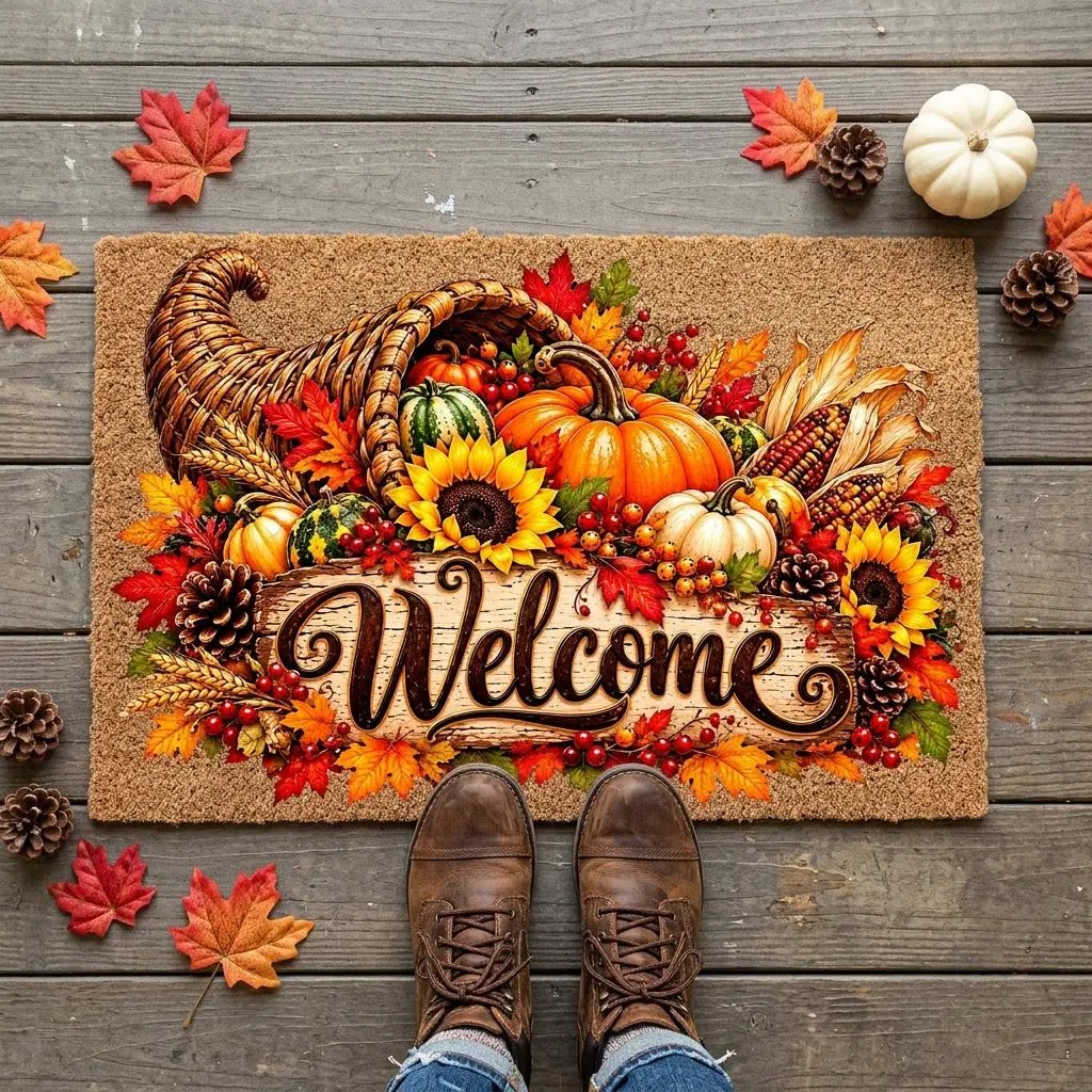Thanksgiving Cornucopia Doormat, Fall Welcome Mat, Harvest Coir Door Mat, Pumpkin Sunflower Porch Decor, Autumn Front Door Decor