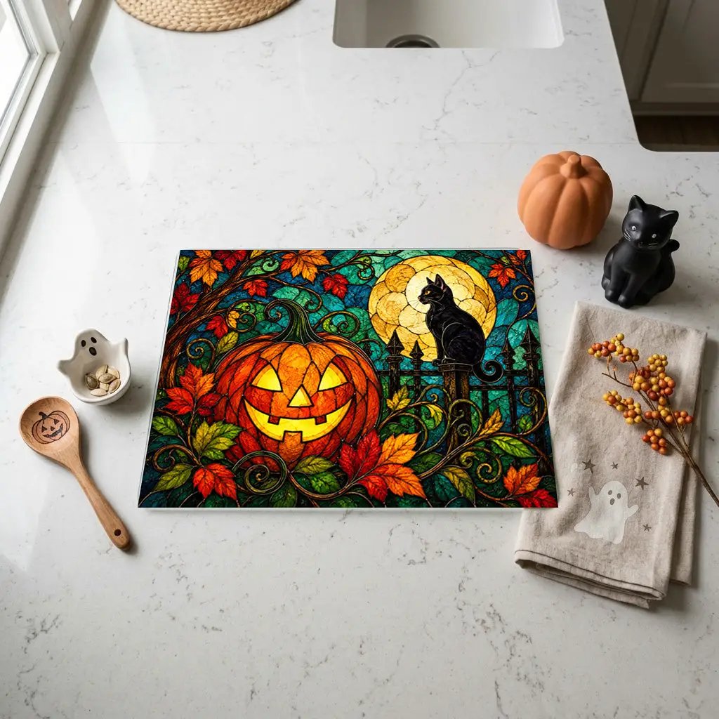 Halloween Black Cat and Jack-O-Lantern Personalized Glass Cutting Board, Spooky Pumpkin Kitchen Decor
