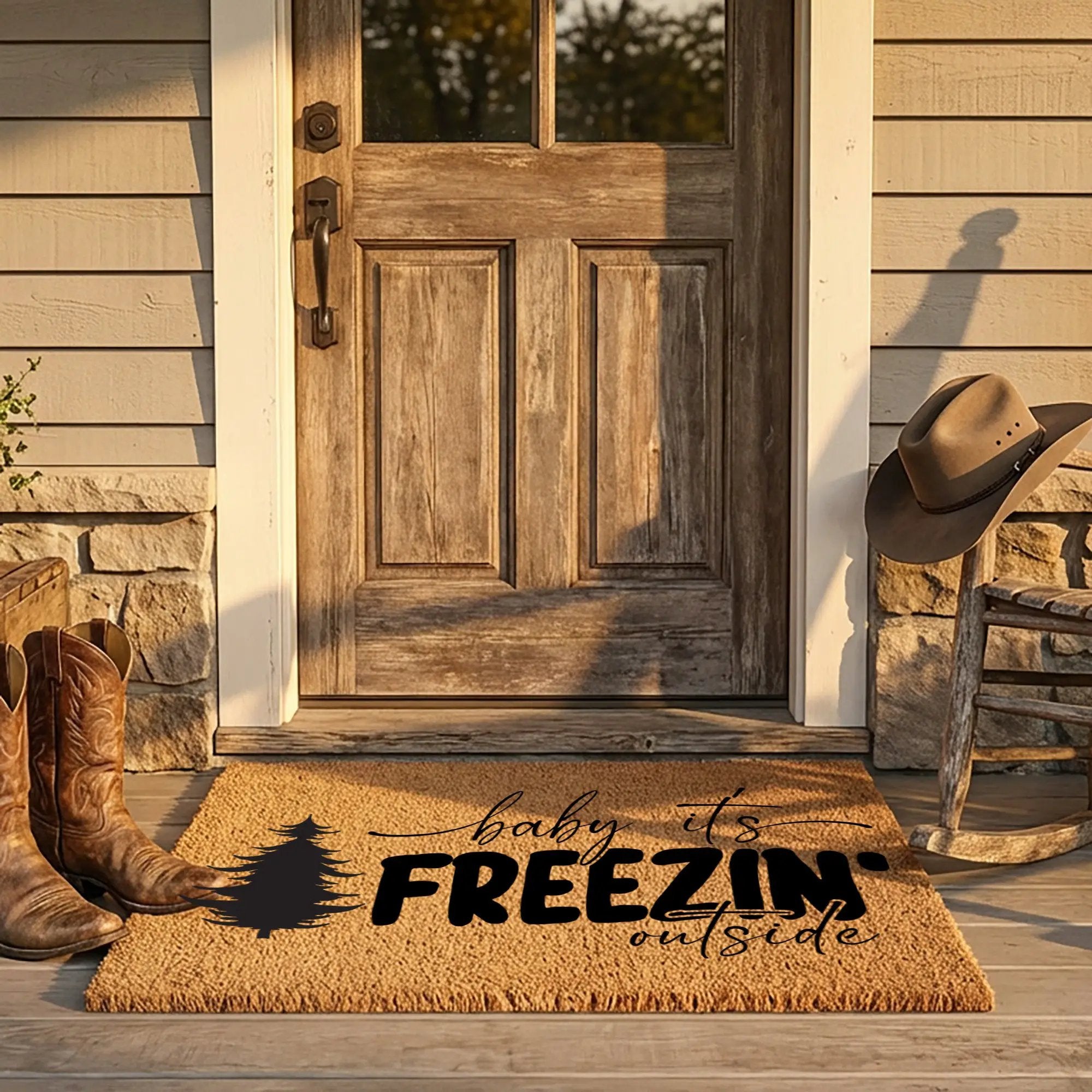 Winter Doormat - Baby It’s Freezin’ Outside | Funny Holiday Coir Welcome Mat | Rustic Front Porch Winter Décor