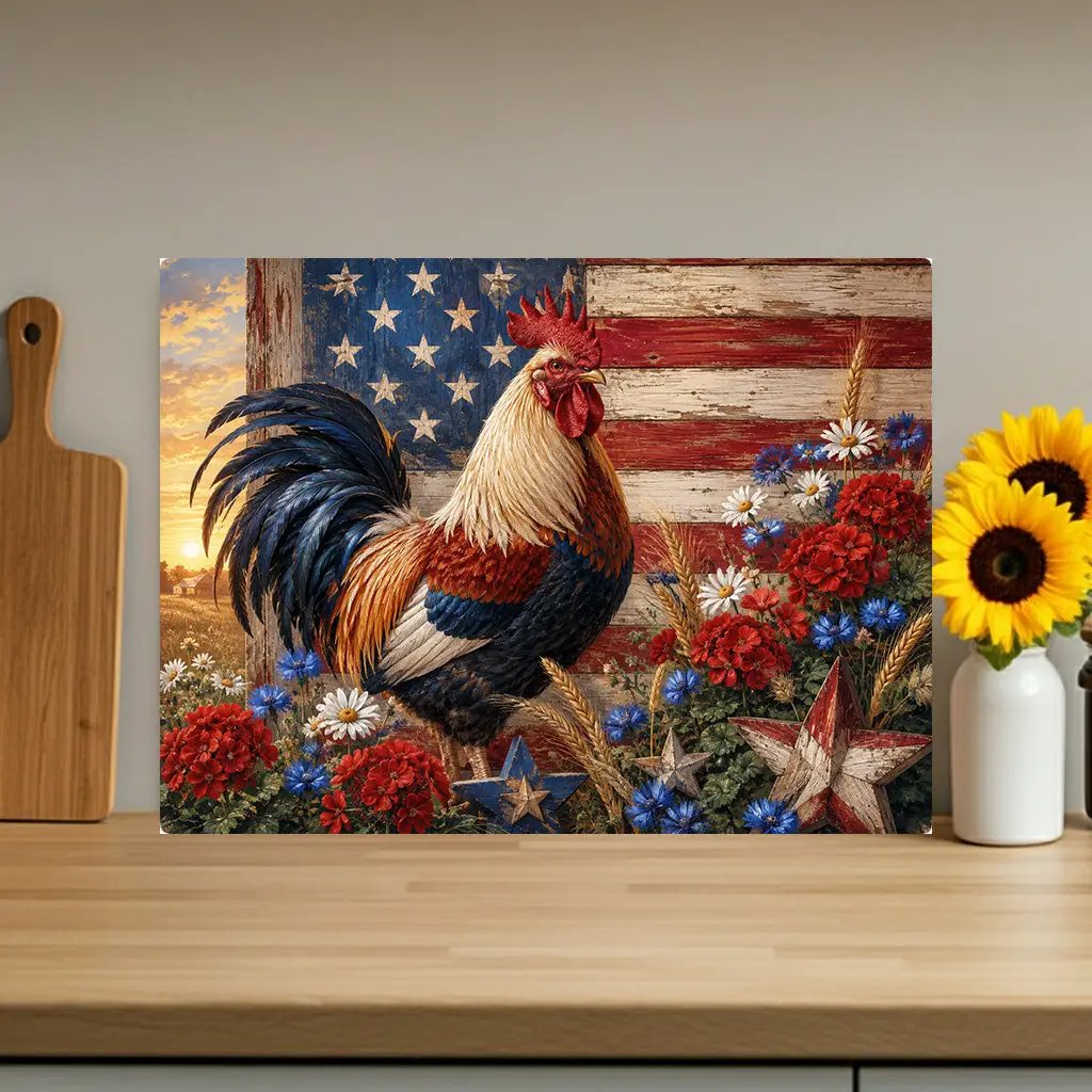 Patriotic Rooster Cutting Board, American Flag Glass Cutting Board, Farmhouse Kitchen Decor, Americana Rooster Gift, Country Kitchen