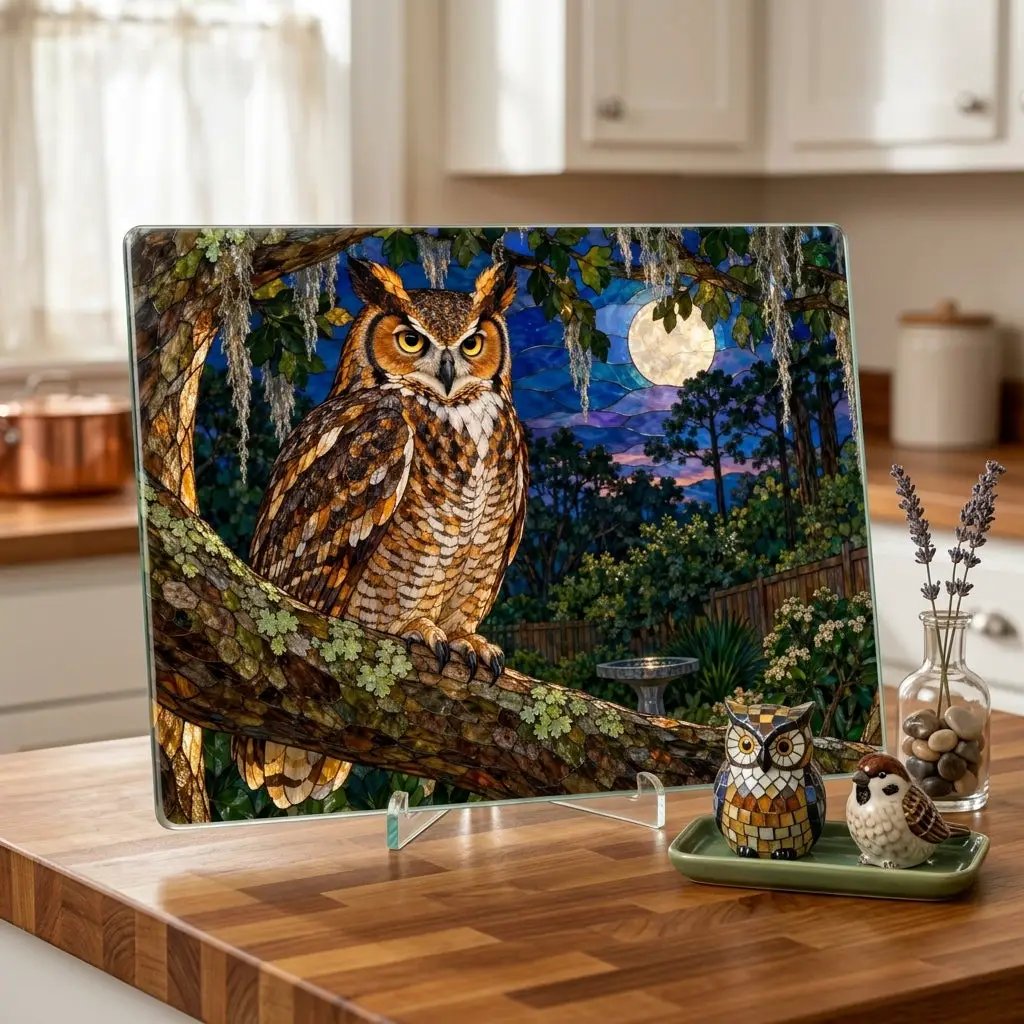 Great Horned Owl Glass Cutting Board, Owl Kitchen Decor, Backyard Bird Lover Gift, Birdwatcher Gift, Woodland Serving Board