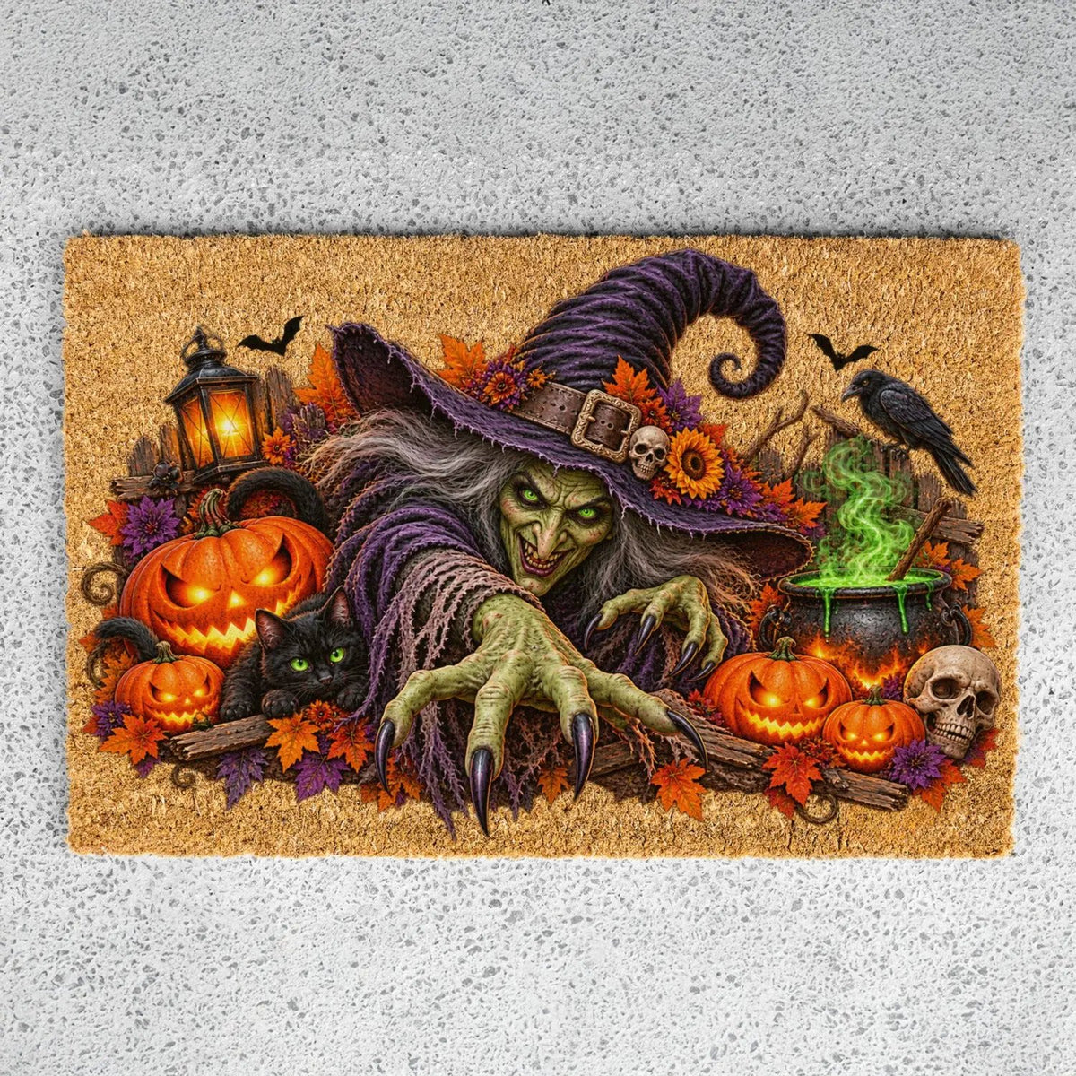 Horror Witch Doormat, Scary Halloween Coir Mat, Creepy Witch & Black Cat Welcome Mat, Pumpkin Porch Decor, Haunted House Door Mat