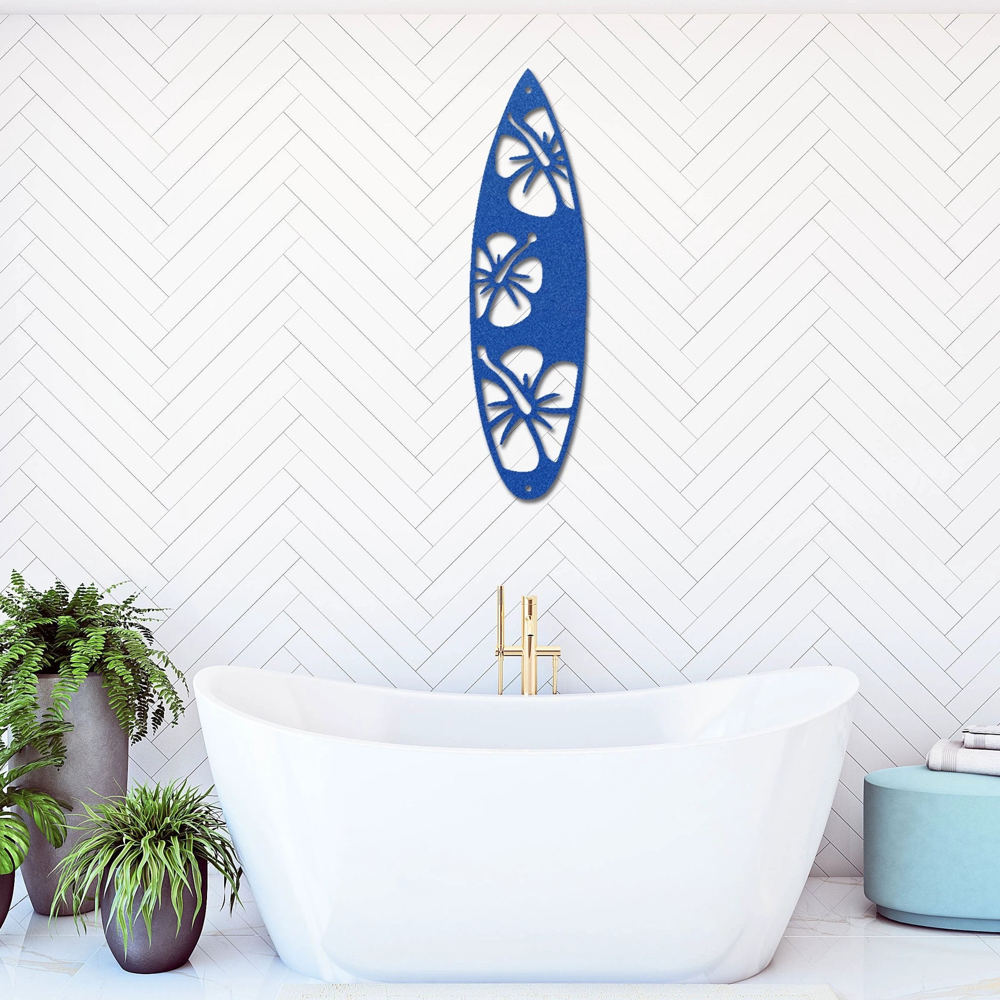 Surfboard Metal Wall Art – Coastal Beach Decor – Tropical Hibiscus Surfboard Wall Hanging – Outdoor Metal Wall Art