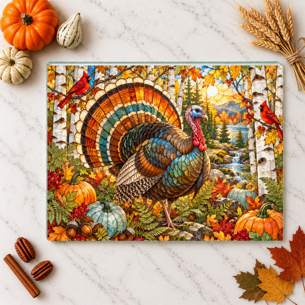 Thanksgiving Turkey Glass Cutting Board, Woodland Turkey Kitchen Decor, Fall Cardinal Birch Forest Cutting Board, Autumn Gift
