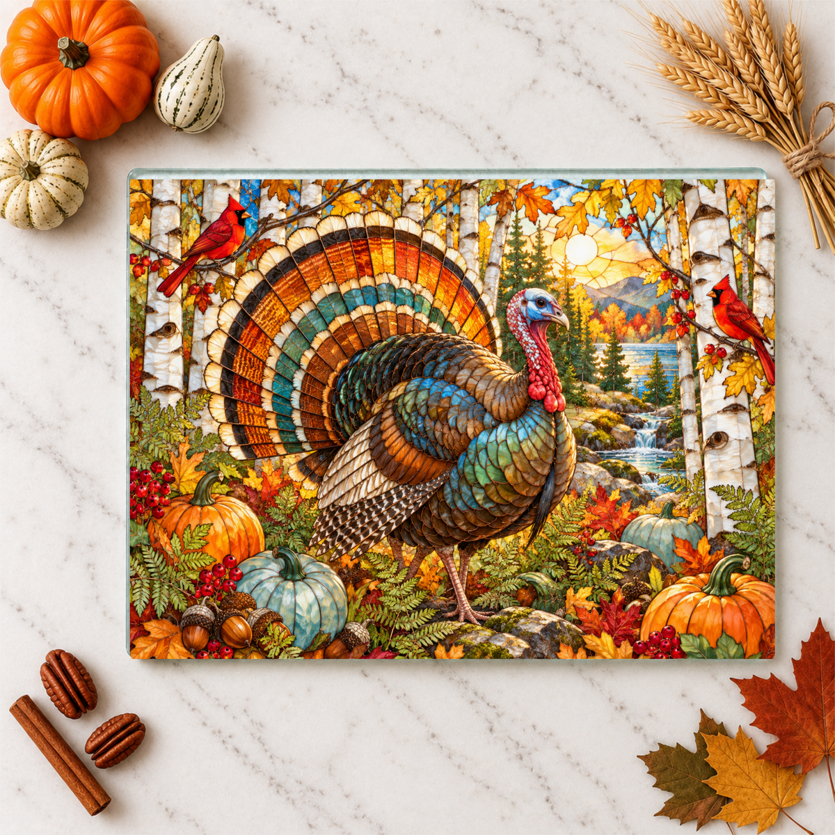 Thanksgiving Turkey Glass Cutting Board, Woodland Turkey Kitchen Decor, Fall Cardinal Birch Forest Cutting Board, Autumn Gift
