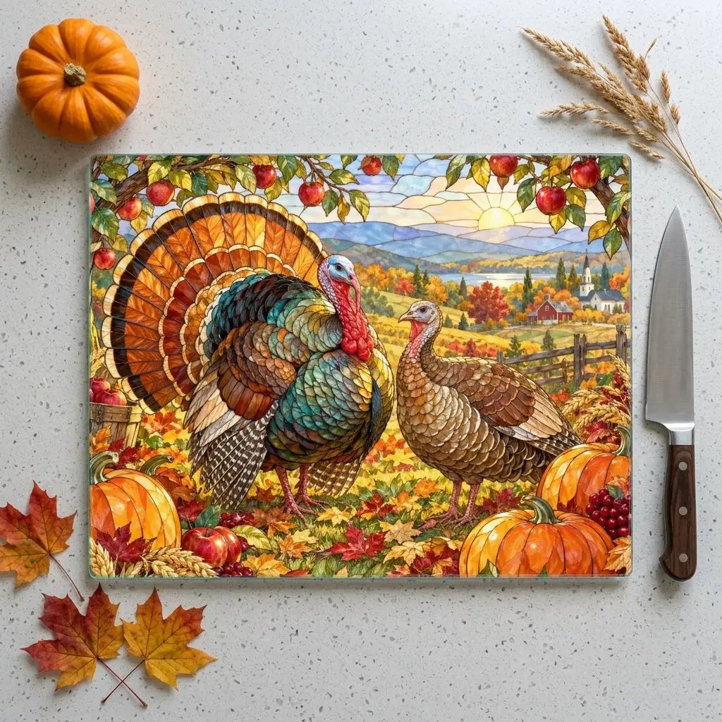 Thanksgiving Turkey Glass Cutting Board, Stained Glass Turkey Kitchen Decor, Fall Harvest Chopping Board, Thanksgiving Gift