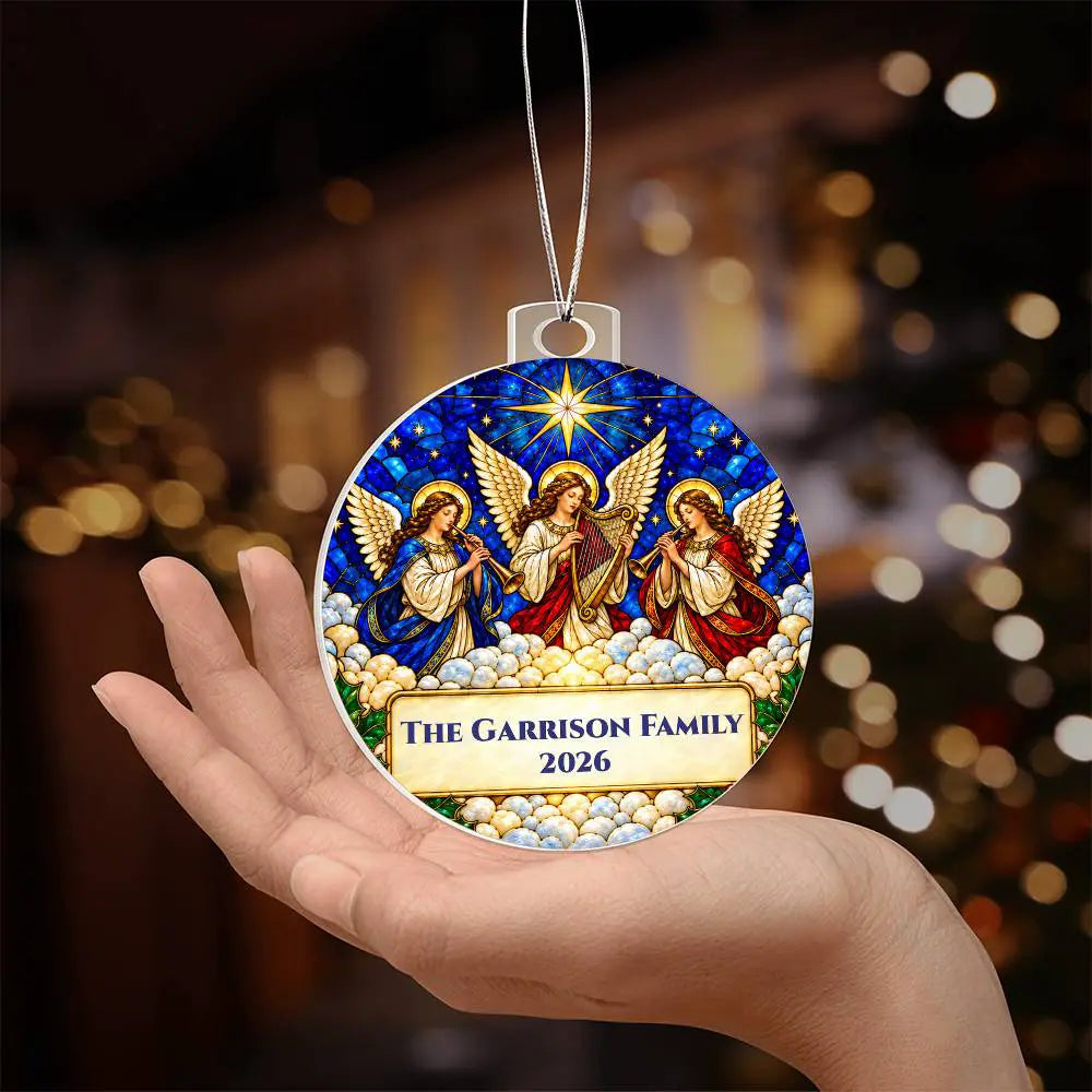 Personalized Family Christmas Ornament, Angel Acrylic Ornament, Religious Christmas Gift, Stained Glass Inspired Keepsake