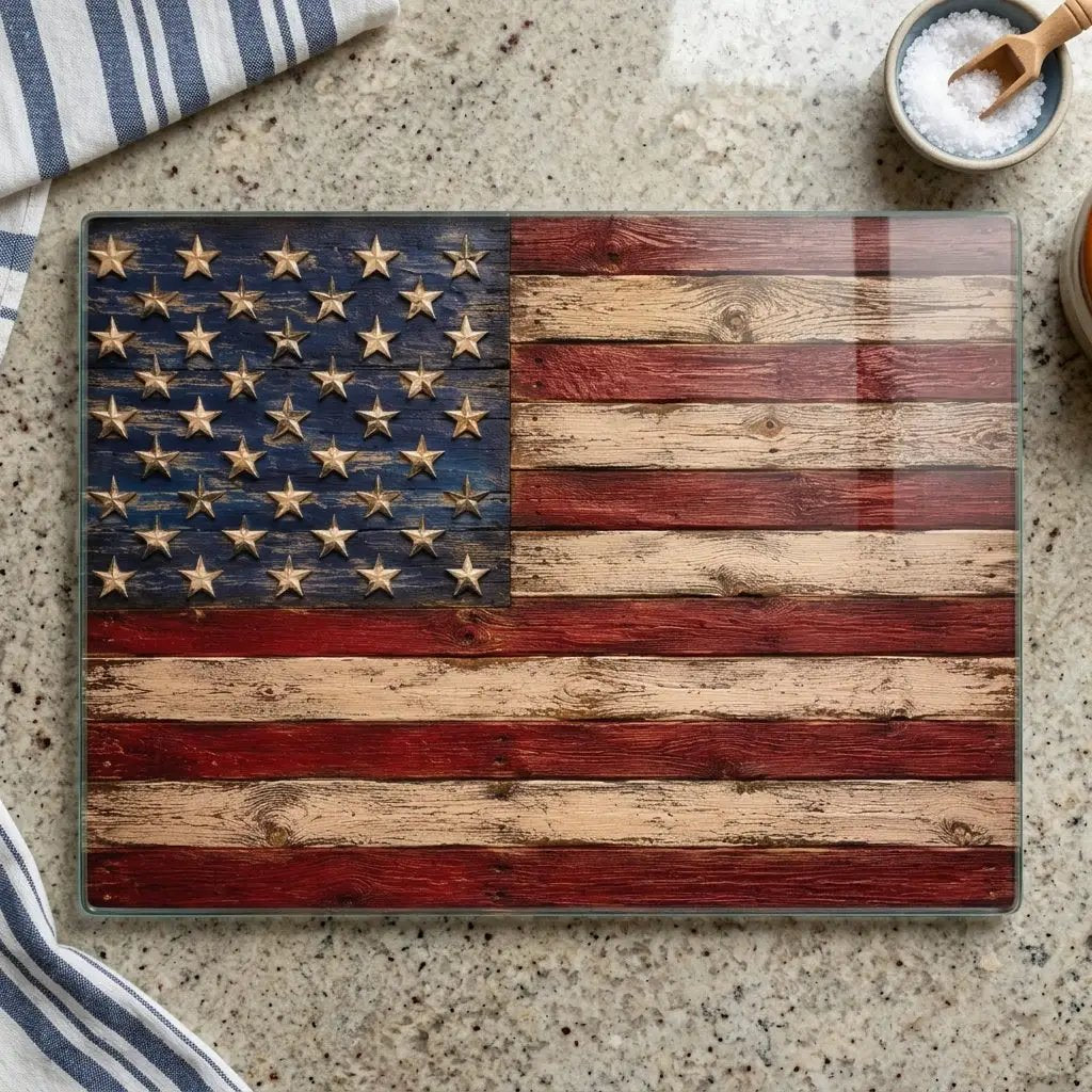 Rustic American Flag Cutting Board, Patriotic Glass Cutting Board, Farmhouse Kitchen Decor, Americana Gift, Vintage USA Flag Decor