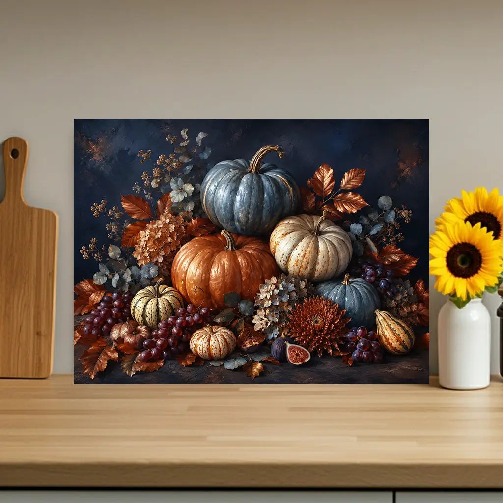 Blue Pumpkin Glass Cutting Board, Elegant Fall Kitchen Decor, Autumn Harvest Cutting Board, Thanksgiving Kitchen Gift