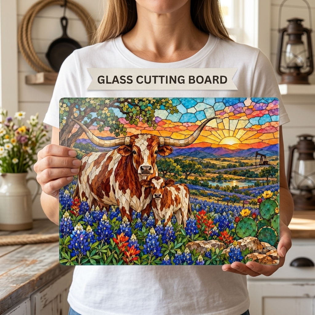 Texas Longhorn Glass Cutting Board, Cow and Calf Bluebonnet Kitchen Decor, Western Ranch Gift, Texas Kitchen Decor, Stained Glass Style