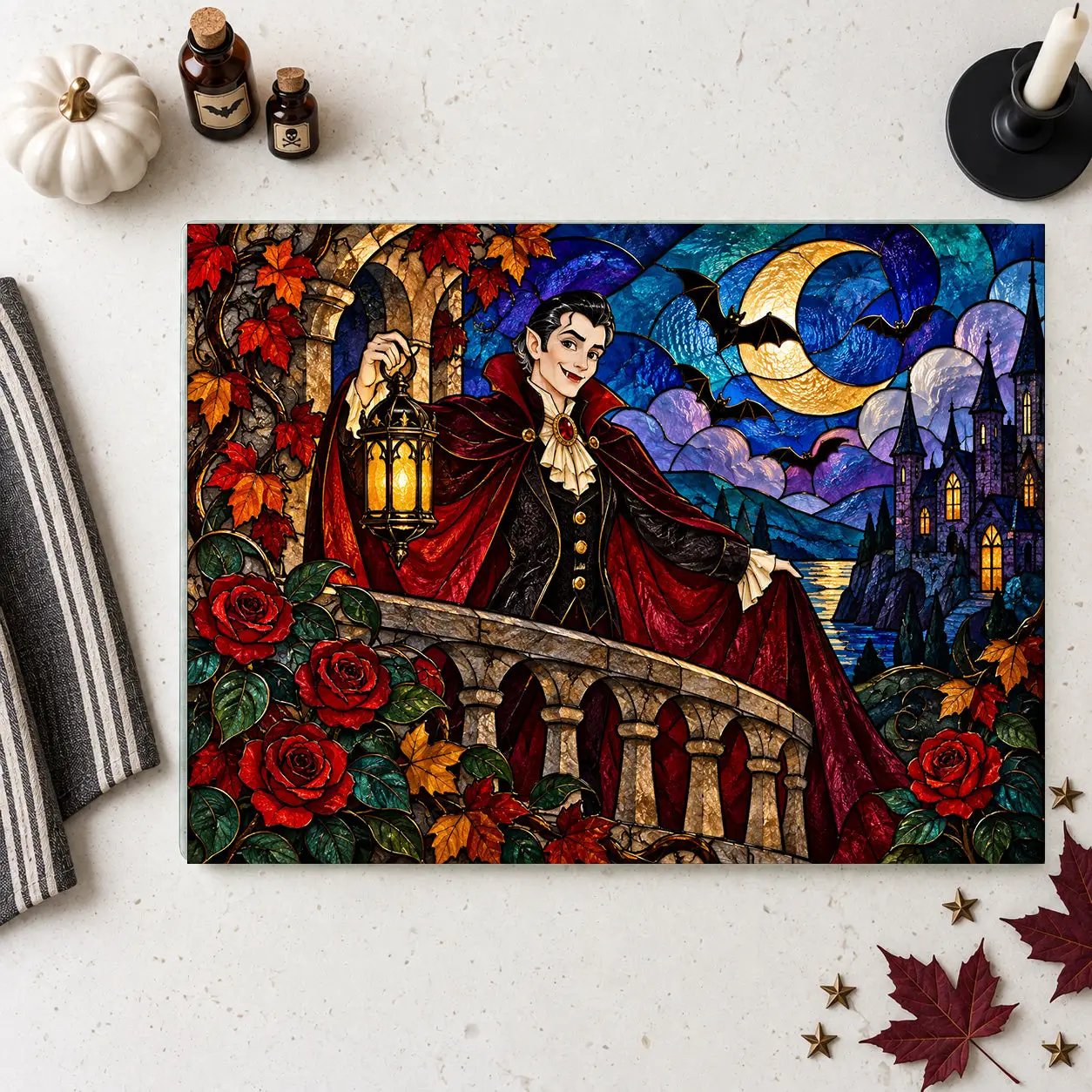 Halloween Dracula Personalized Glass Cutting Board, Spooky Vampire Kitchen Decor