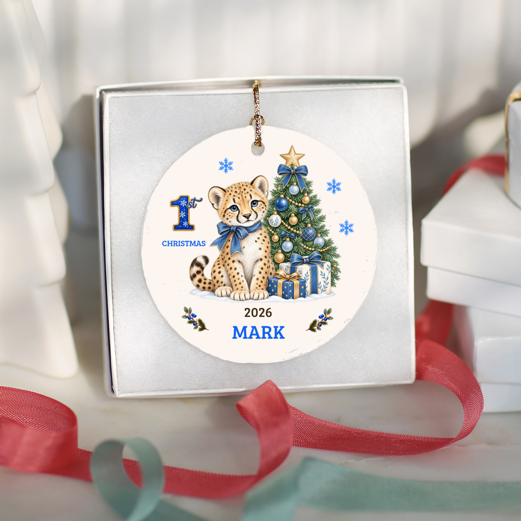 Personalized Baby Cheetah Christmas Ornament, Baby's First Christmas, 1st–10th Year Keepsake, Custom Name and Year, Pink or Blue