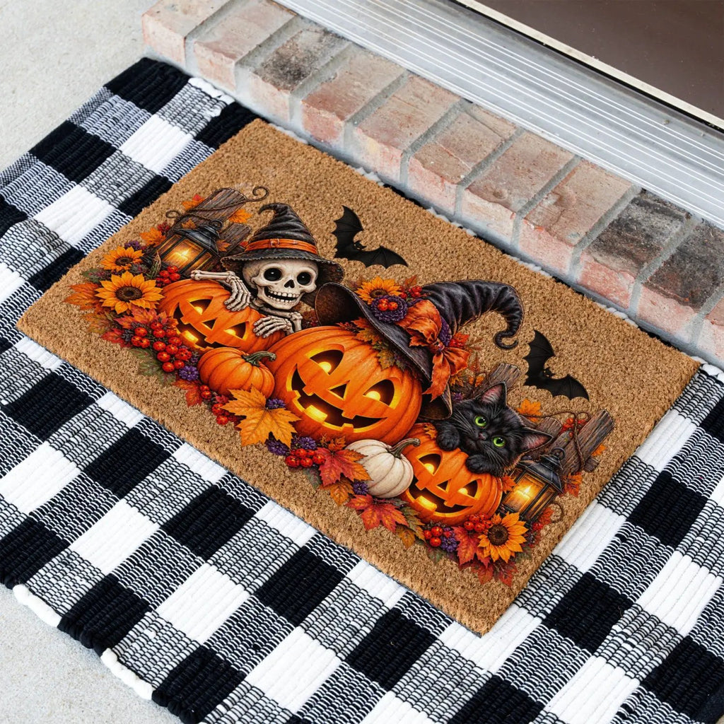 Halloween Doormat, Pumpkin Cat Skeleton Coir Mat, Spooky Fall Welcome Mat, Witch Pumpkin Door Mat, Halloween Porch Decor