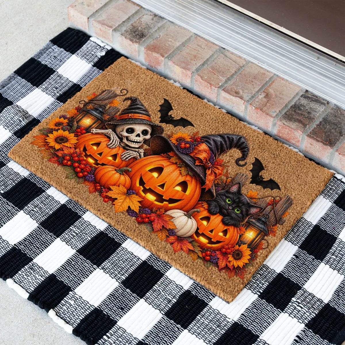 Halloween Doormat, Pumpkin Cat Skeleton Coir Mat, Spooky Fall Welcome Mat, Witch Pumpkin Door Mat, Halloween Porch Decor