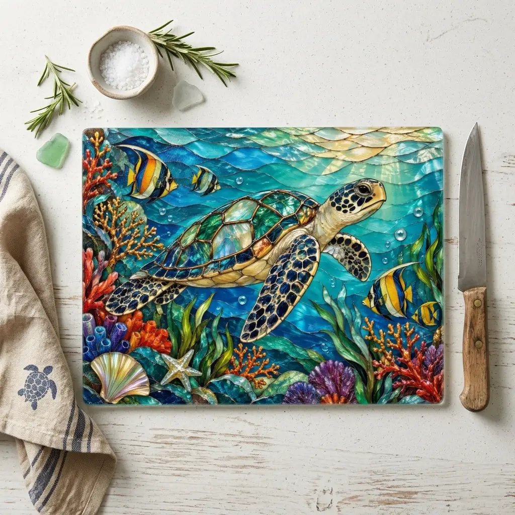 Sea Turtle Reef Glass Cutting Board, Ocean Kitchen Decor, Underwater Coral Sea Life Chopping Board, Coastal Housewarming Gift Idea