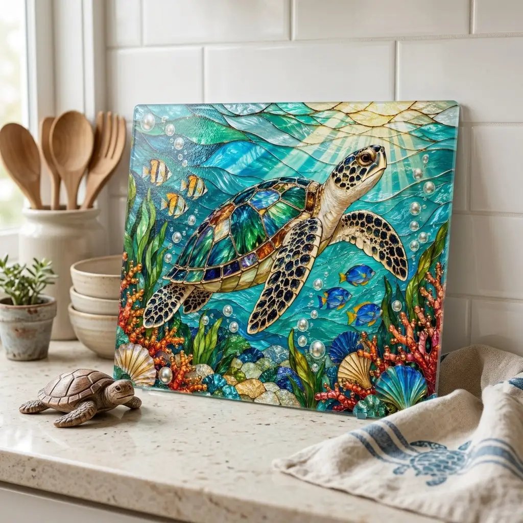 Sea Turtle Cutting Board, Ocean Kitchen Decor, Underwater Glass Chopping Board, Coastal Beach House Gift, Marine Life Kitchen Accent