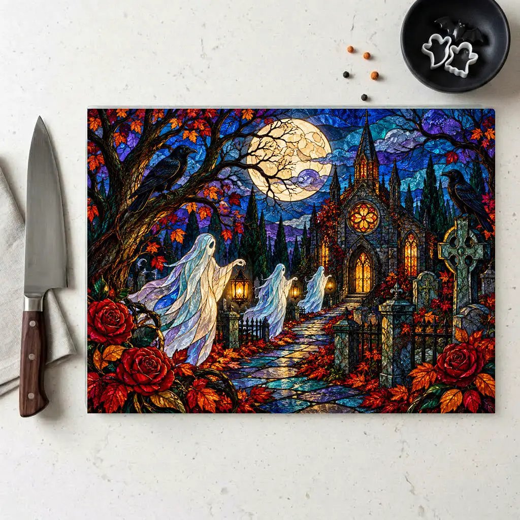 Halloween Ghost Personalized Glass Cutting Board, Haunted Graveyard Kitchen Decor