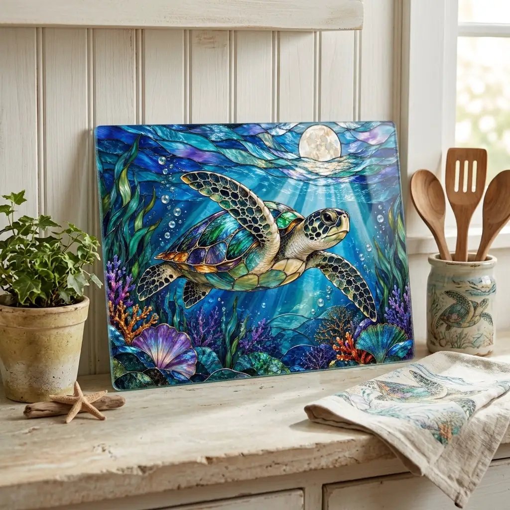 Sea Turtle Cutting Board, Ocean Kitchen Decor, Underwater Sea Life Chopping Board, Moonlit Marine Animal Gift, Coastal Kitchen Accent