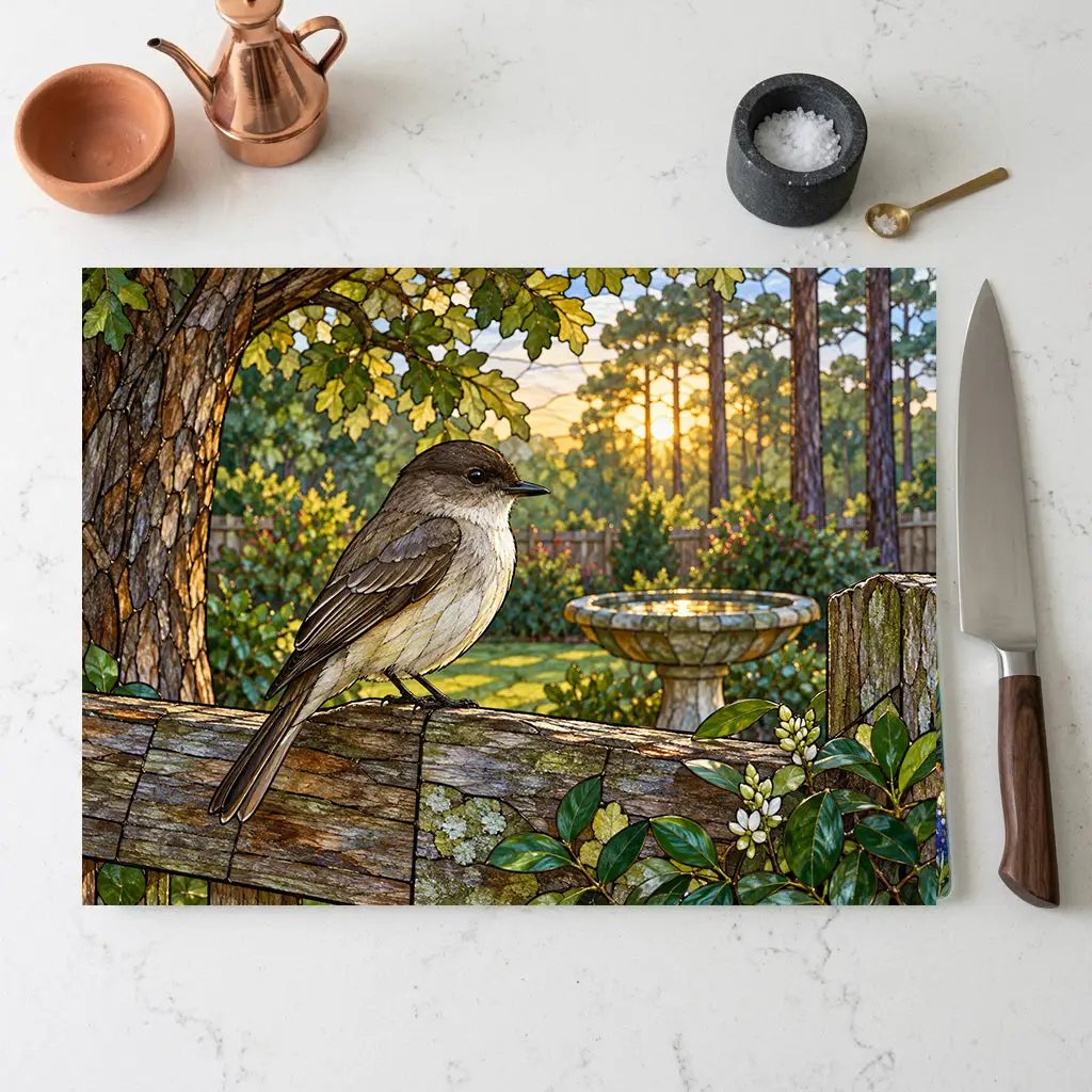 Eastern Phoebe Glass Cutting Board, Backyard Bird Kitchen Decor, Birdwatcher Gift, Bird Lover Gift, Nature Inspired Serving Board