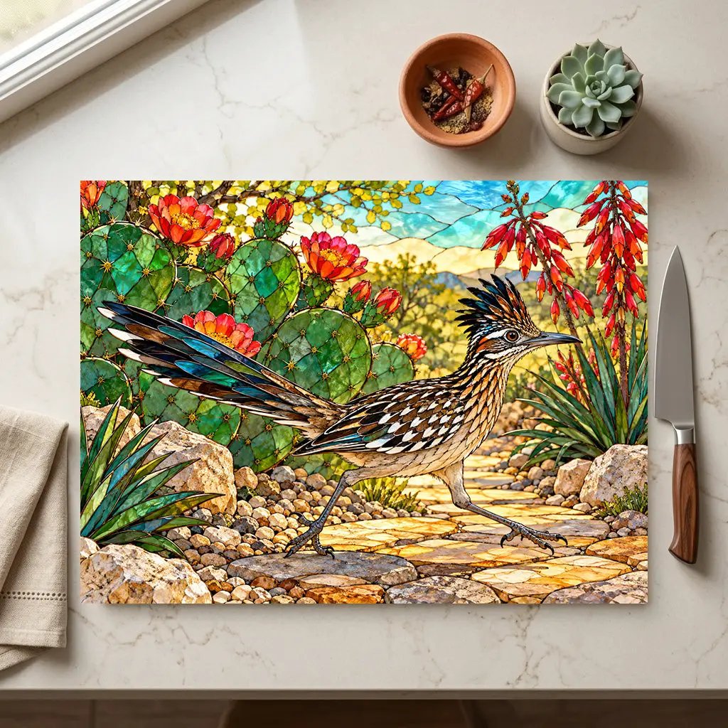 Roadrunner Glass Cutting Board, Desert Bird Kitchen Decor, Southwestern Cactus Chopping Board, Wildlife Lover Gift, Kitchen Counter Accent