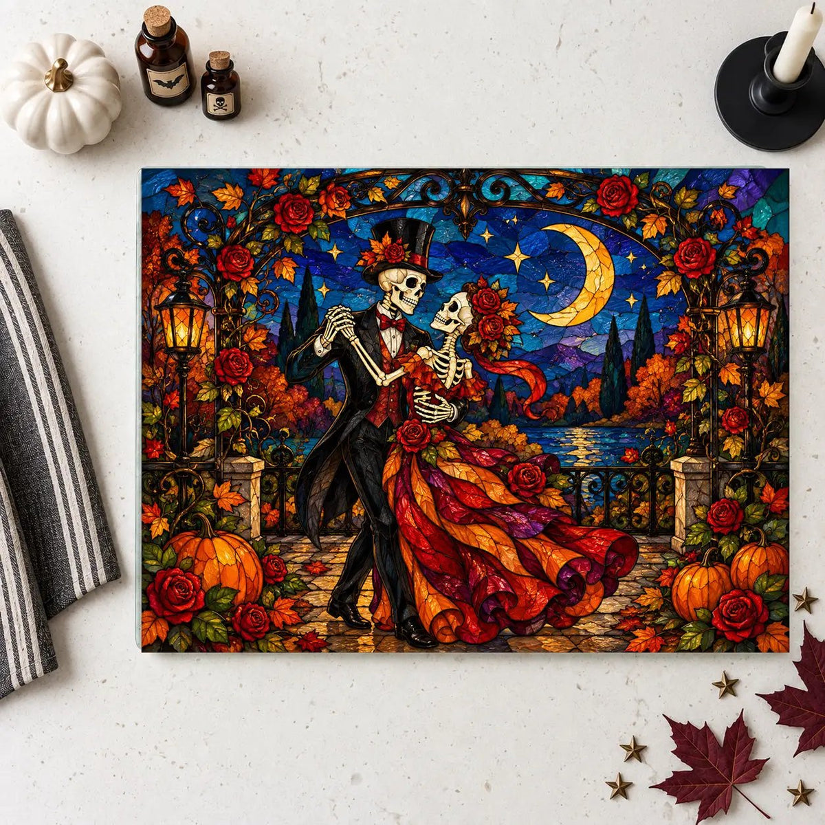 Halloween Skeleton Dancing Couple Personalized Glass Cutting Board, Gothic Romance Kitchen Decor