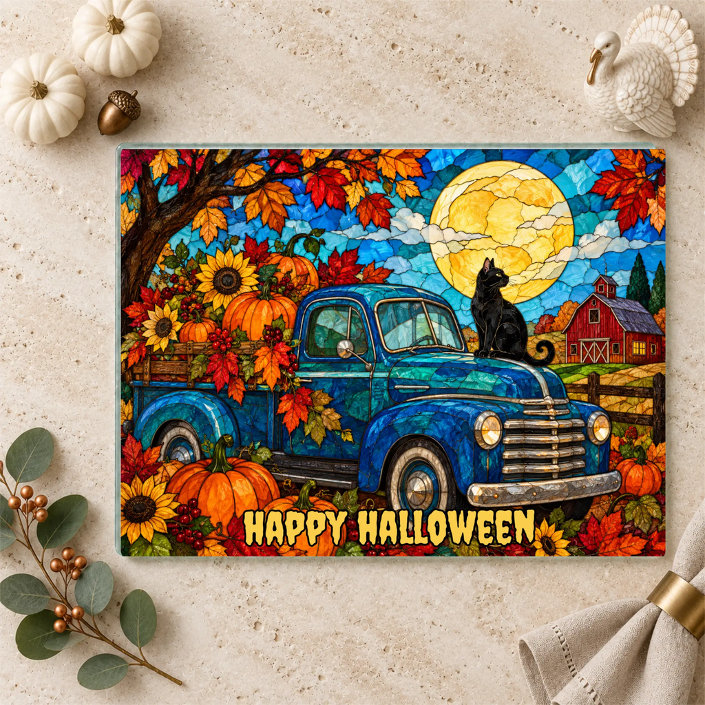 Halloween Fall Truck Personalized Glass Cutting Board, Spooky Pumpkin Kitchen Decor