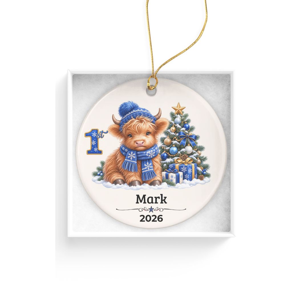Personalized Christmas Ornament – Pink or Blue Highland Cow First, Second, Third Christmas 2026, Custom Name Keepsake, 3 Inch Ceramic Holiday Decor