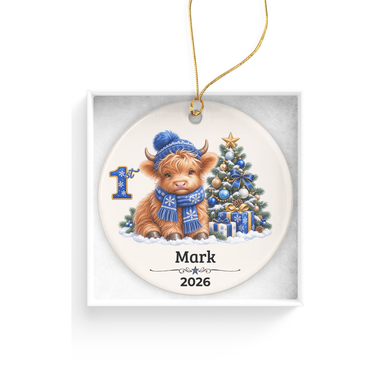 Personalized Christmas Ornament – Pink or Blue Highland Cow First, Second, Third Christmas 2026, Custom Name Keepsake, 3 Inch Ceramic Holiday Decor