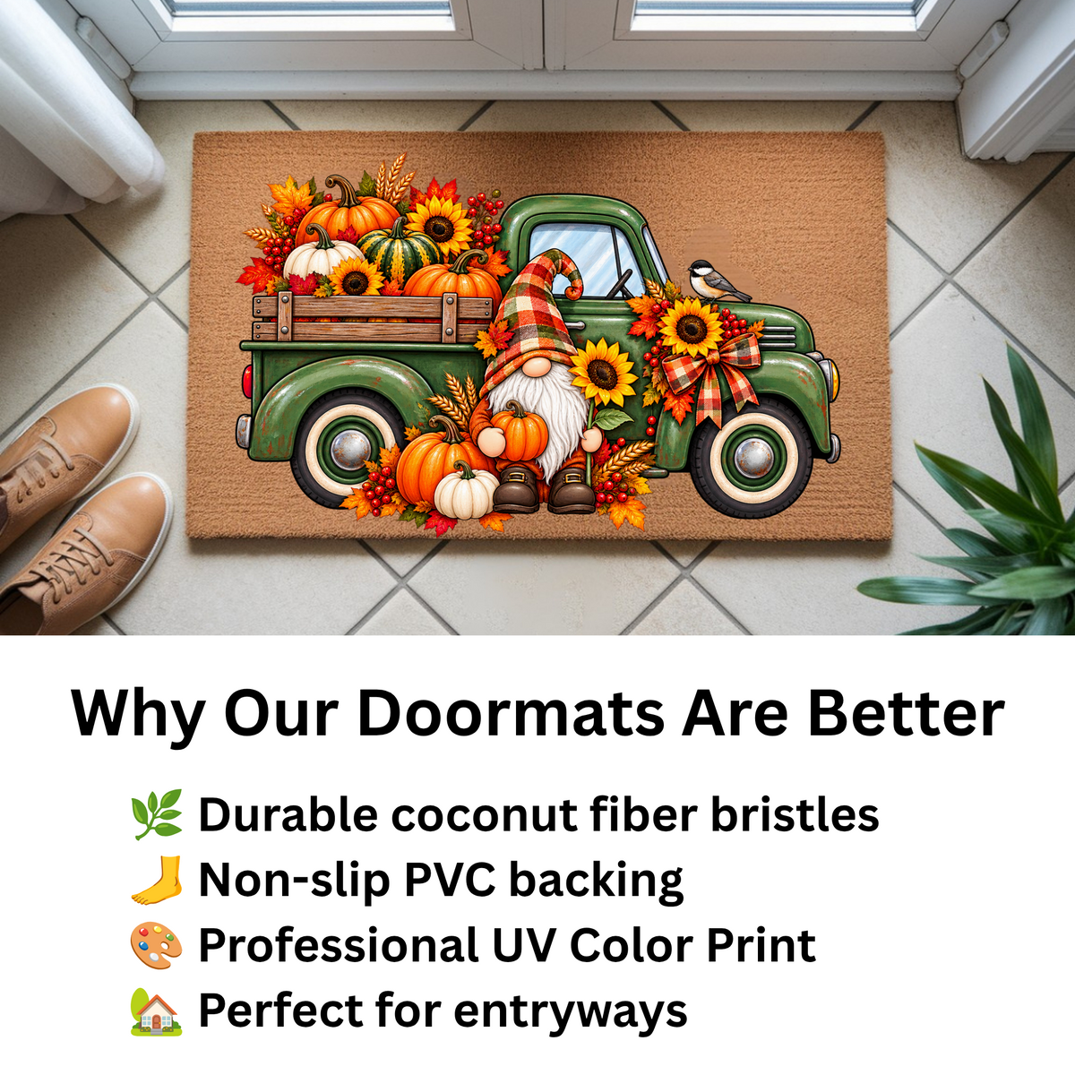 Fall Gnome Doormat, Vintage Green Truck Welcome Mat, Autumn Pumpkin Coir Doormat, Farmhouse Fall Porch Decor, Harvest Door Mat