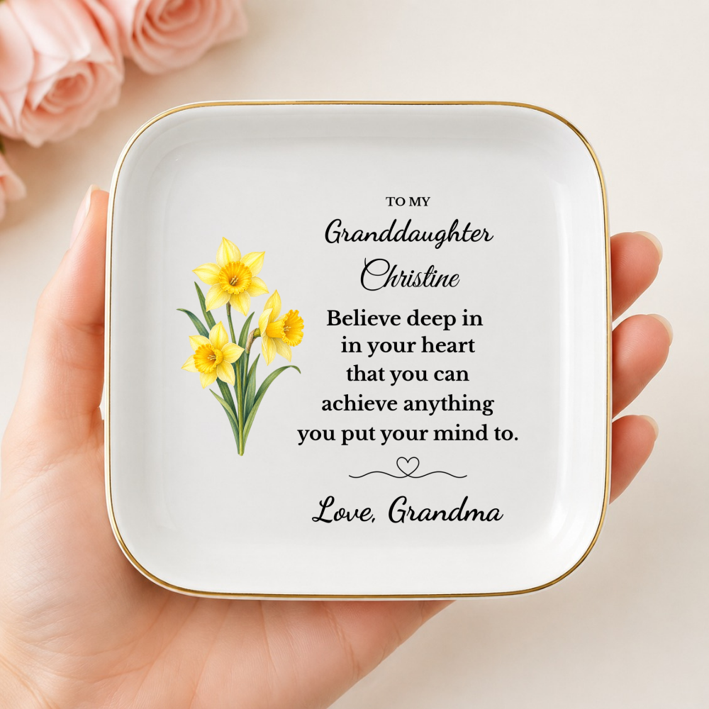 Personalized Daughter/ Granddaughter Jewelry Dish, Birth Flower Trinket Tray, Custom Name Inspirational Ceramic Ring Dish