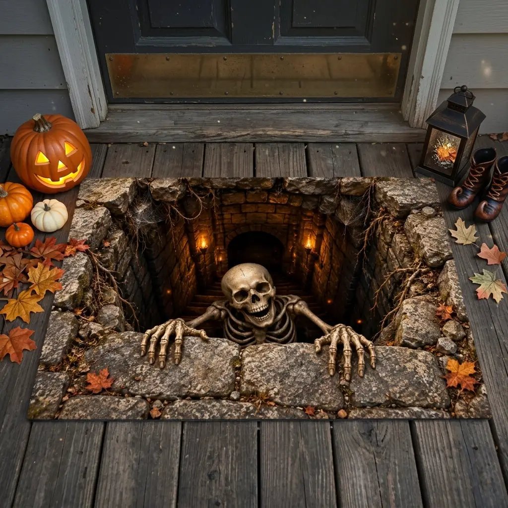 Skeleton Halloween Doormat, 3D Stairwell Illusion Door Mat, Creepy Skeleton Welcome Mat, Spooky Halloween Porch Decor