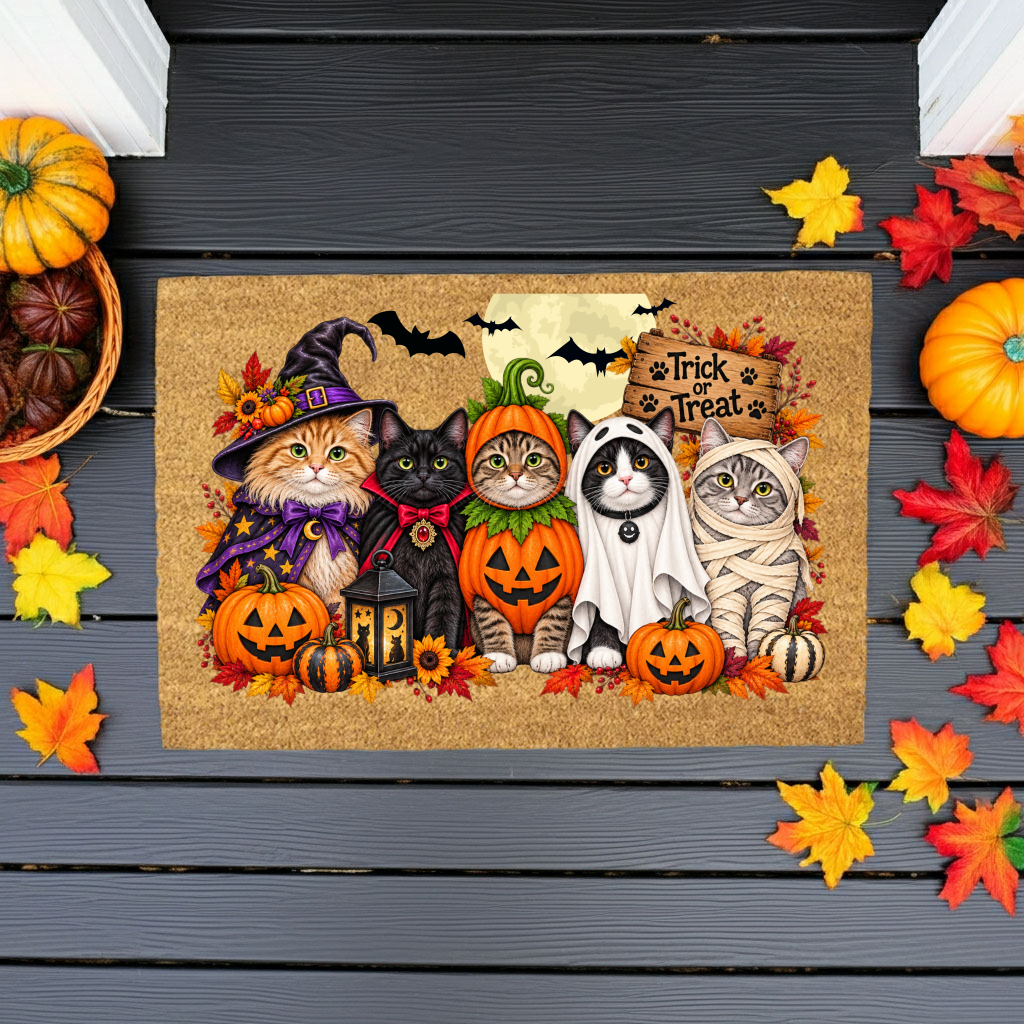 Halloween Cat Doormat, Funny Costumed Cats Coir Welcome Mat, Trick or Treat Porch Decor, Fall Cat Lover Gift, Spooky Front Door Mat