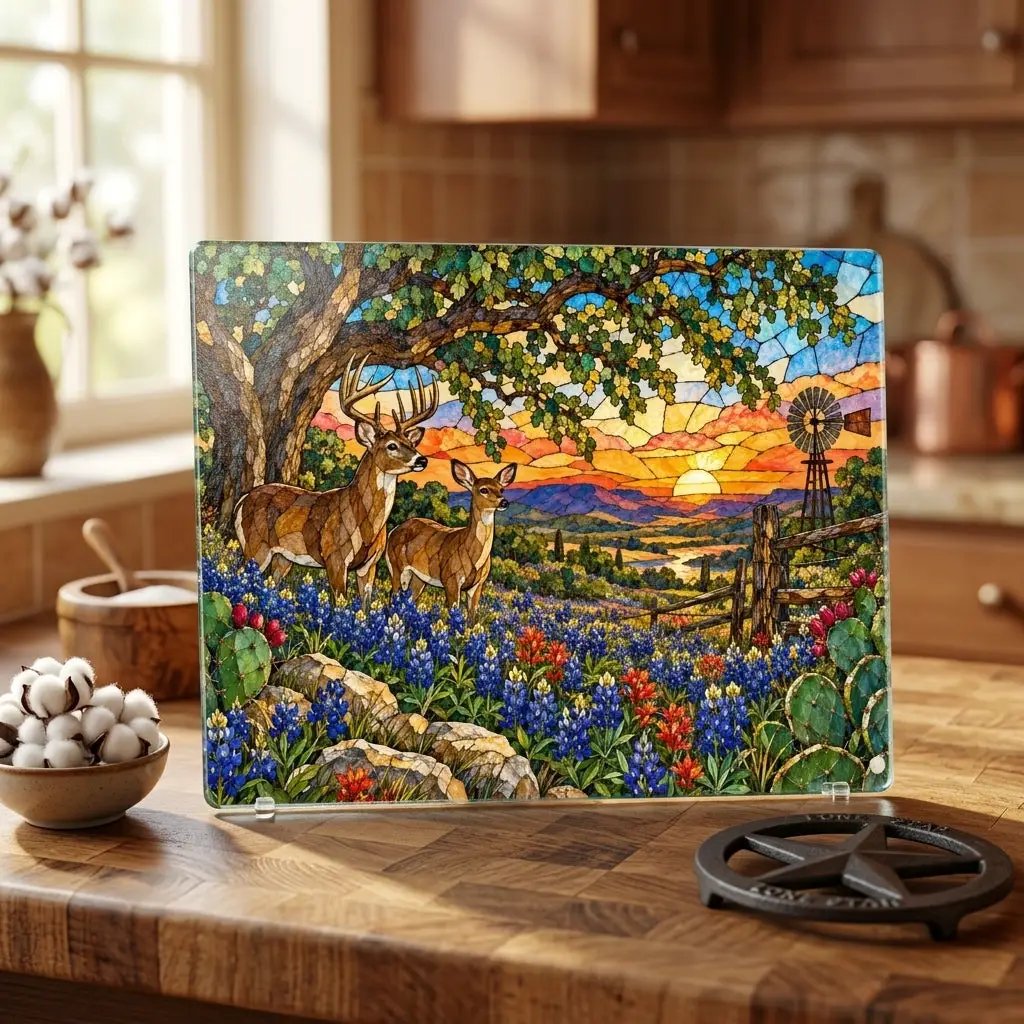 White Tailed Deer Glass Cutting Board, Texas Bluebonnet Kitchen Decor, Whitetail Buck Gift, Western Wildlife Art, Ranch House Decor