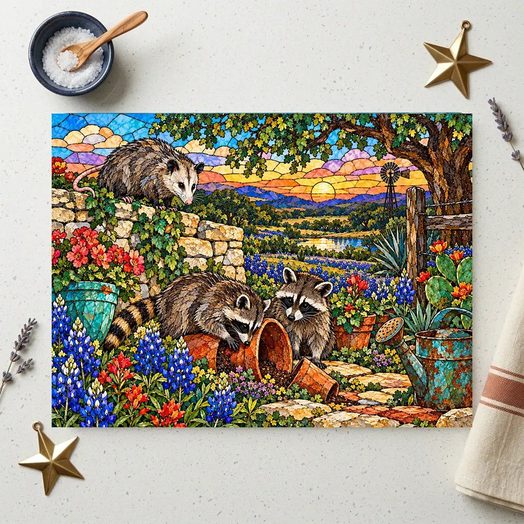 Mischief Opossum Glass Cutting Board, Texas Wildlife Kitchen Decor, Bluebonnet Possum Art, Funny Country Kitchen Gift, Texas Gift