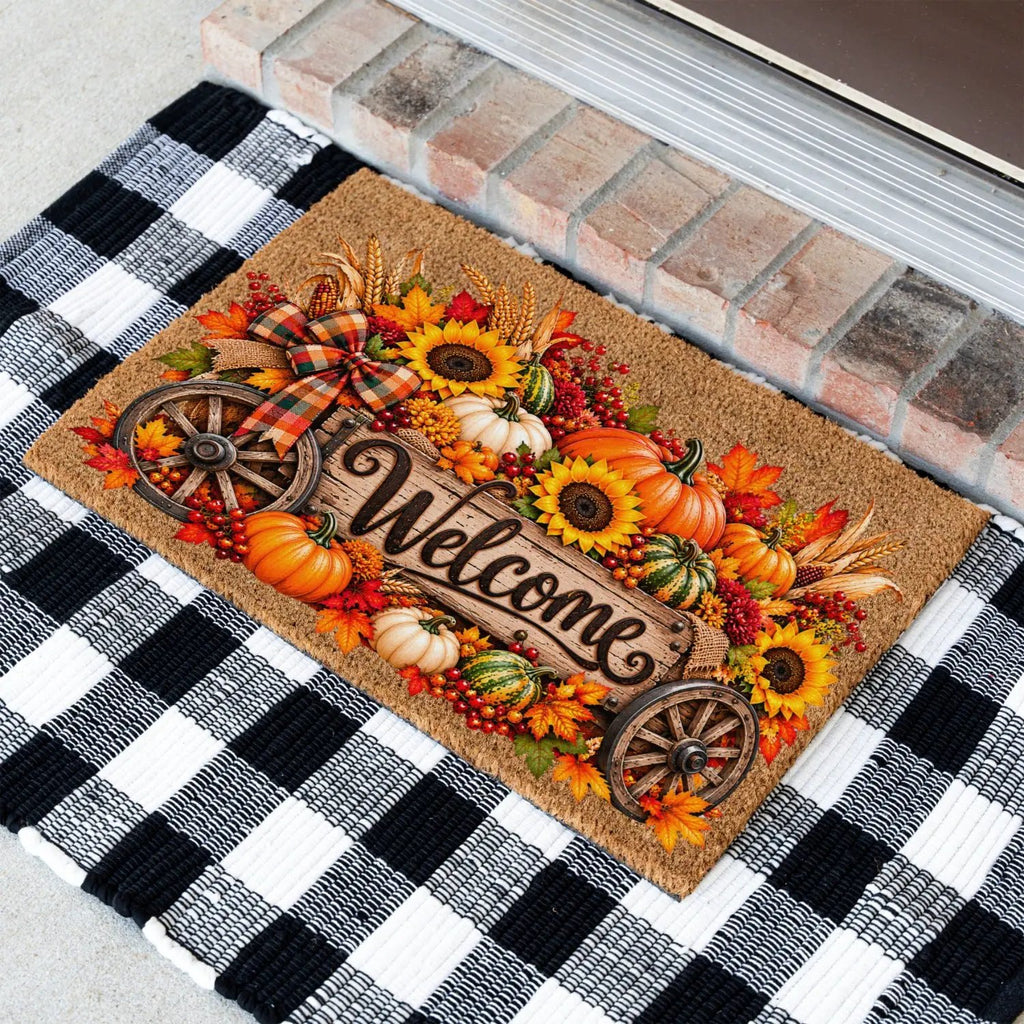 Harvest Wagon Welcome Doormat, Fall Coir Door Mat, Pumpkin Sunflower Welcome Mat, Autumn Farmhouse Porch Decor, Thanksgiving Doormat