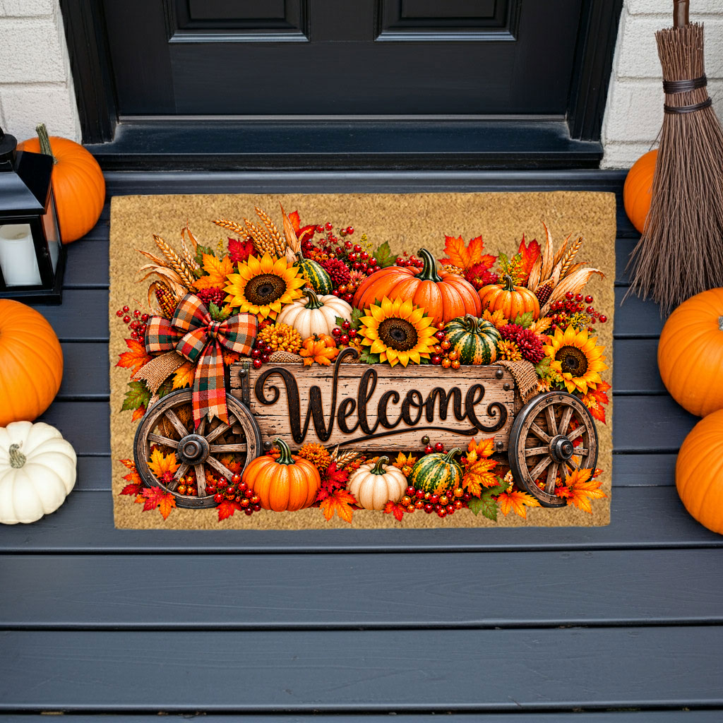 Harvest Wagon Welcome Doormat, Fall Coir Door Mat, Pumpkin Sunflower Welcome Mat, Autumn Farmhouse Porch Decor, Thanksgiving Doormat