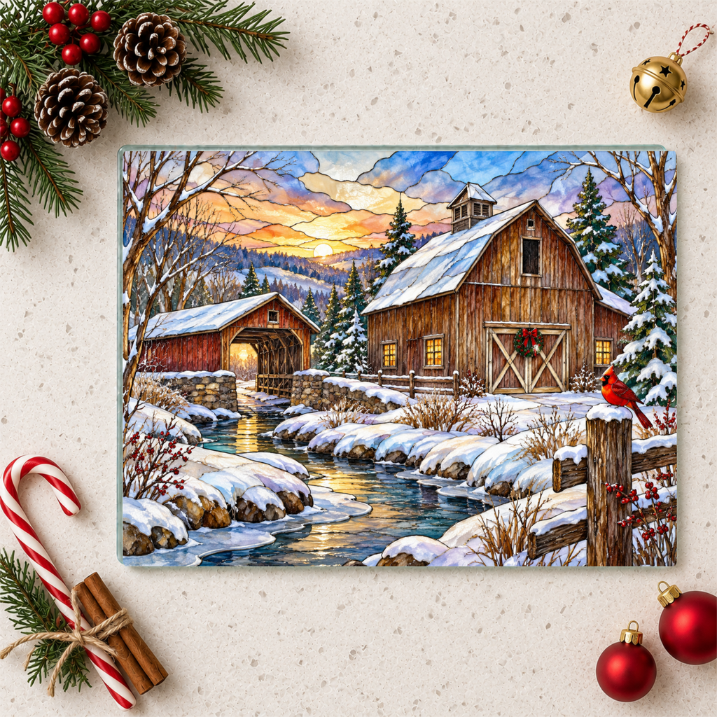 Personalized Winter Barn Cutting Board, Country Farmhouse Kitchen Decor, Stained Glass Farm Scene, Rustic Christmas Gift, Custom Family Gift