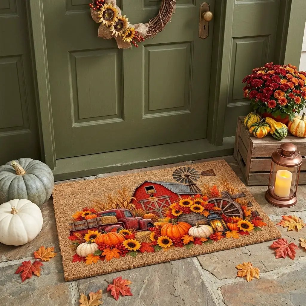 Fall Farmhouse Doormat, Country Barn Coir Mat, Pumpkin Harvest Welcome Mat, Rustic Autumn Porch Decor, Farmhouse Fall Door Mat