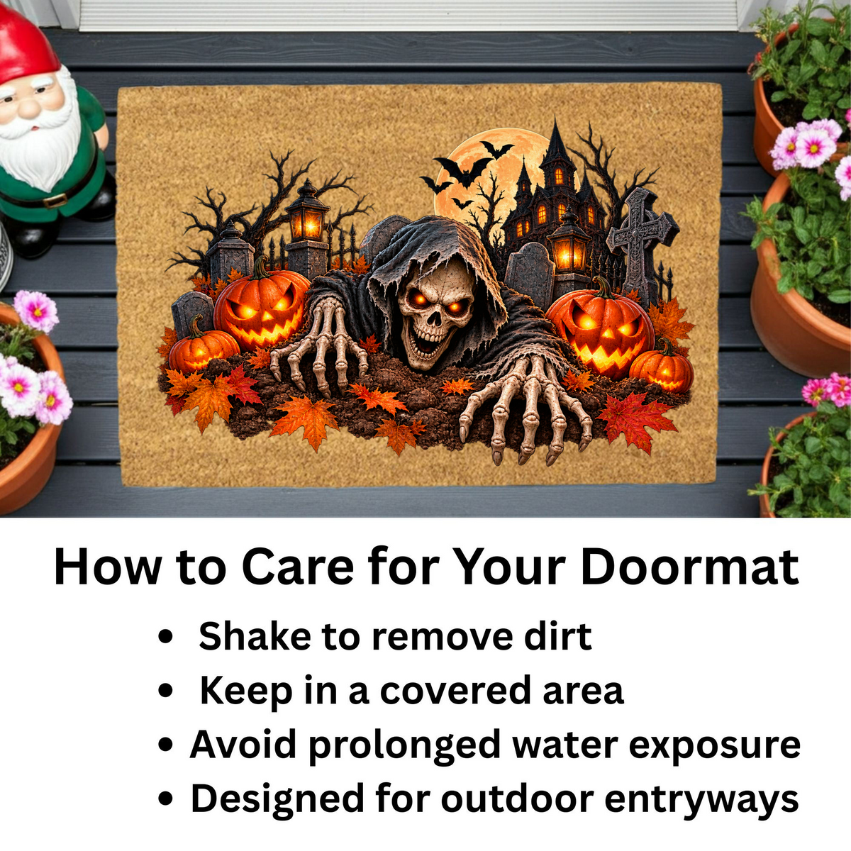 Creepy Skeleton Doormat, Grim Reaper Halloween Coir Mat, Scary Jack O Lantern Welcome Mat, Haunted House Spooky Porch Decor