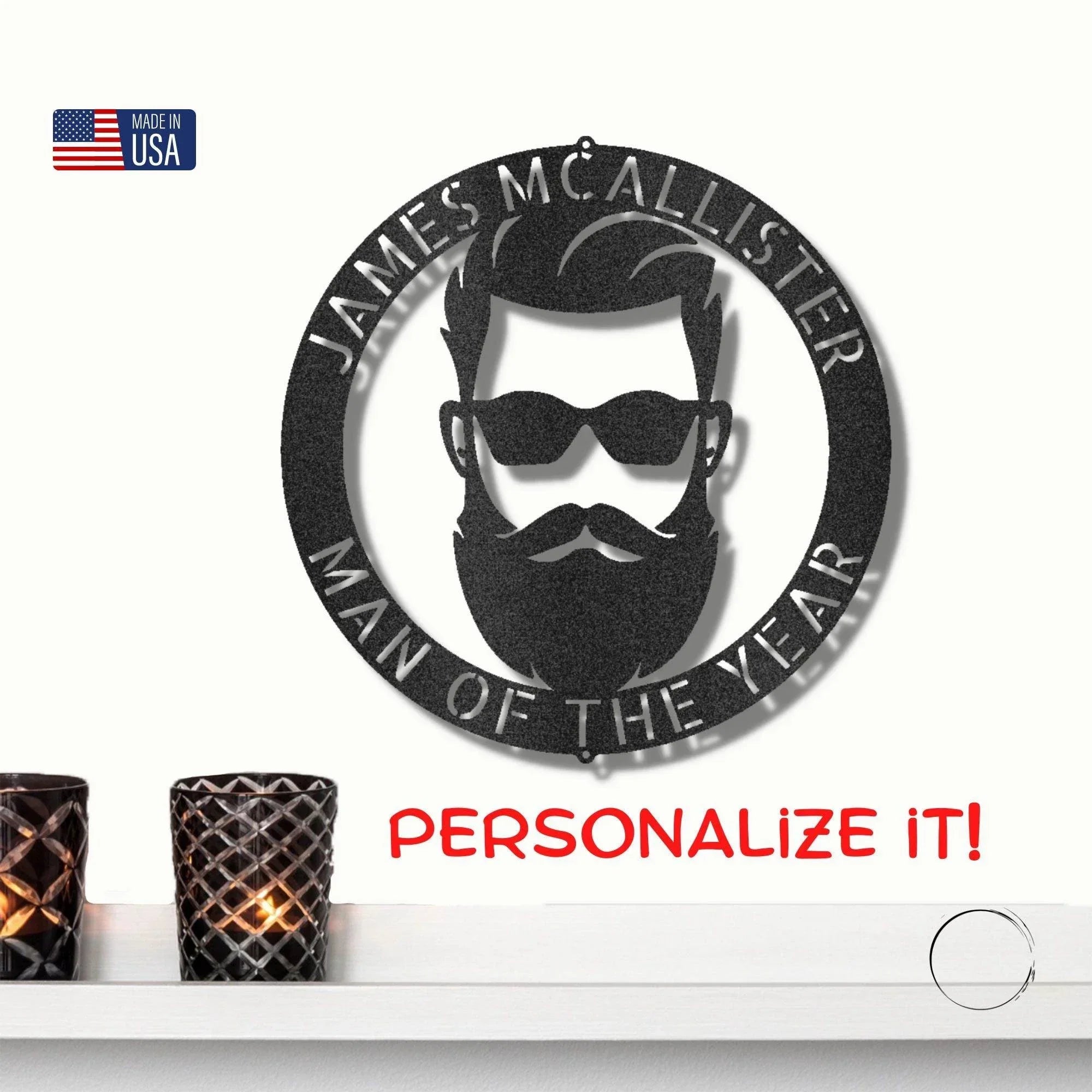 Bearded Man Monogram Personalized Steel Wall Sign Art