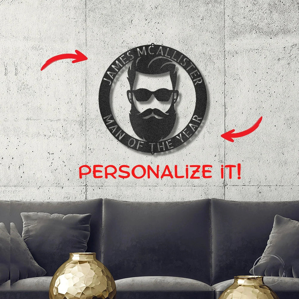 Bearded Man Monogram Personalized Steel Wall Sign Art