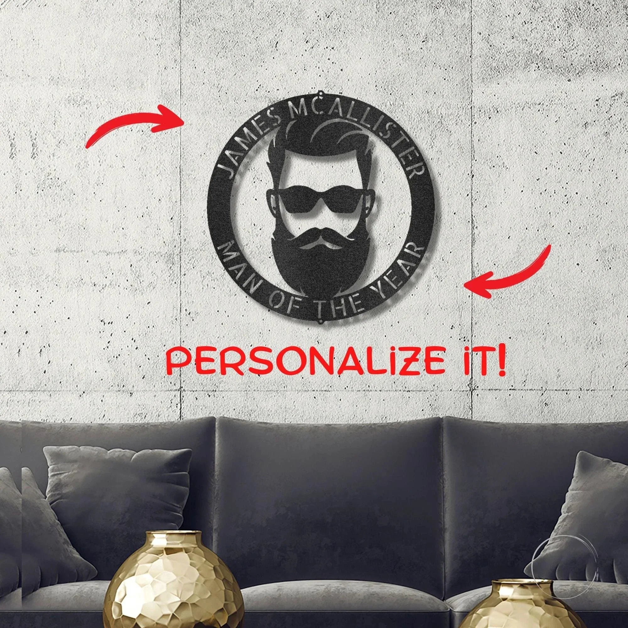 Bearded Man Monogram Personalized Steel Wall Sign Art