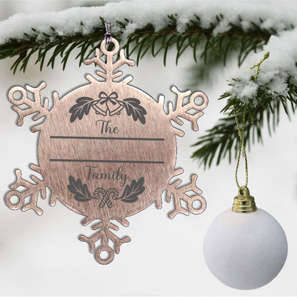 Personalized Family Name Christmas Bells Laser Engraved Stainless Steel Snowflake Tree Ornament - Mallard Moon Gift Shop