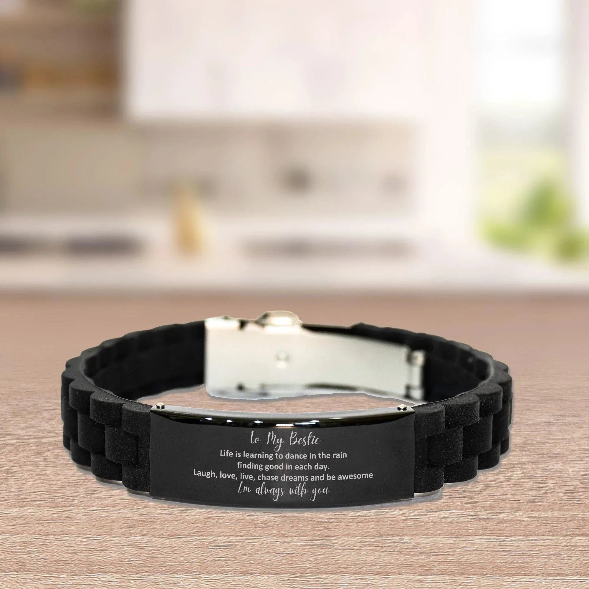 Bestie Black Glidelock Clasp Engraved Bracelet, Motivational Birthday Christmas Gifts - Life is learning to dance in the rain,.