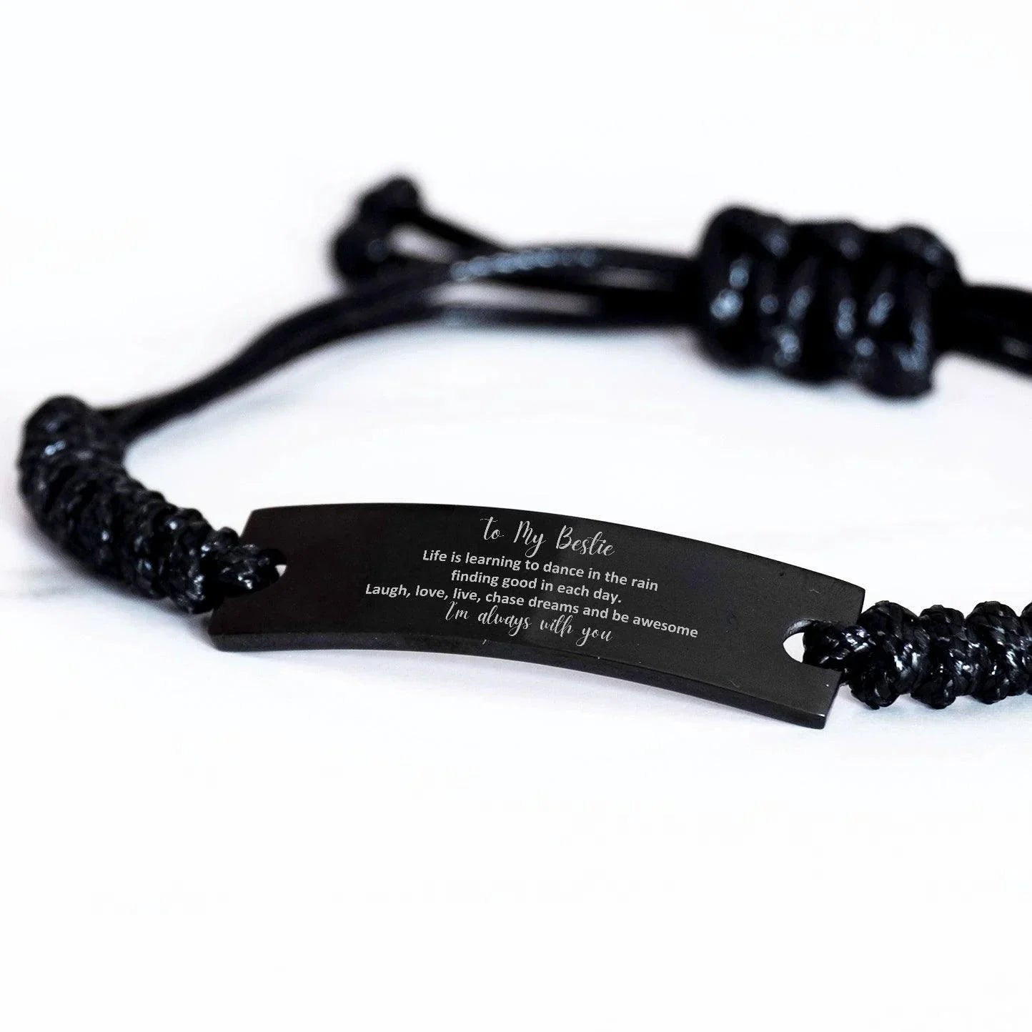 Bestie Black Rope Bracelet Life is Learning to Dance in the Rain - Birthday, Christmas Holiday Gifts
