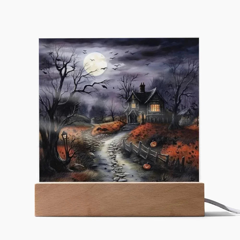 Bewitched Abode: The Ultimate Halloween Mansion Acrylic Plaque with Lighted LED Wooden Base